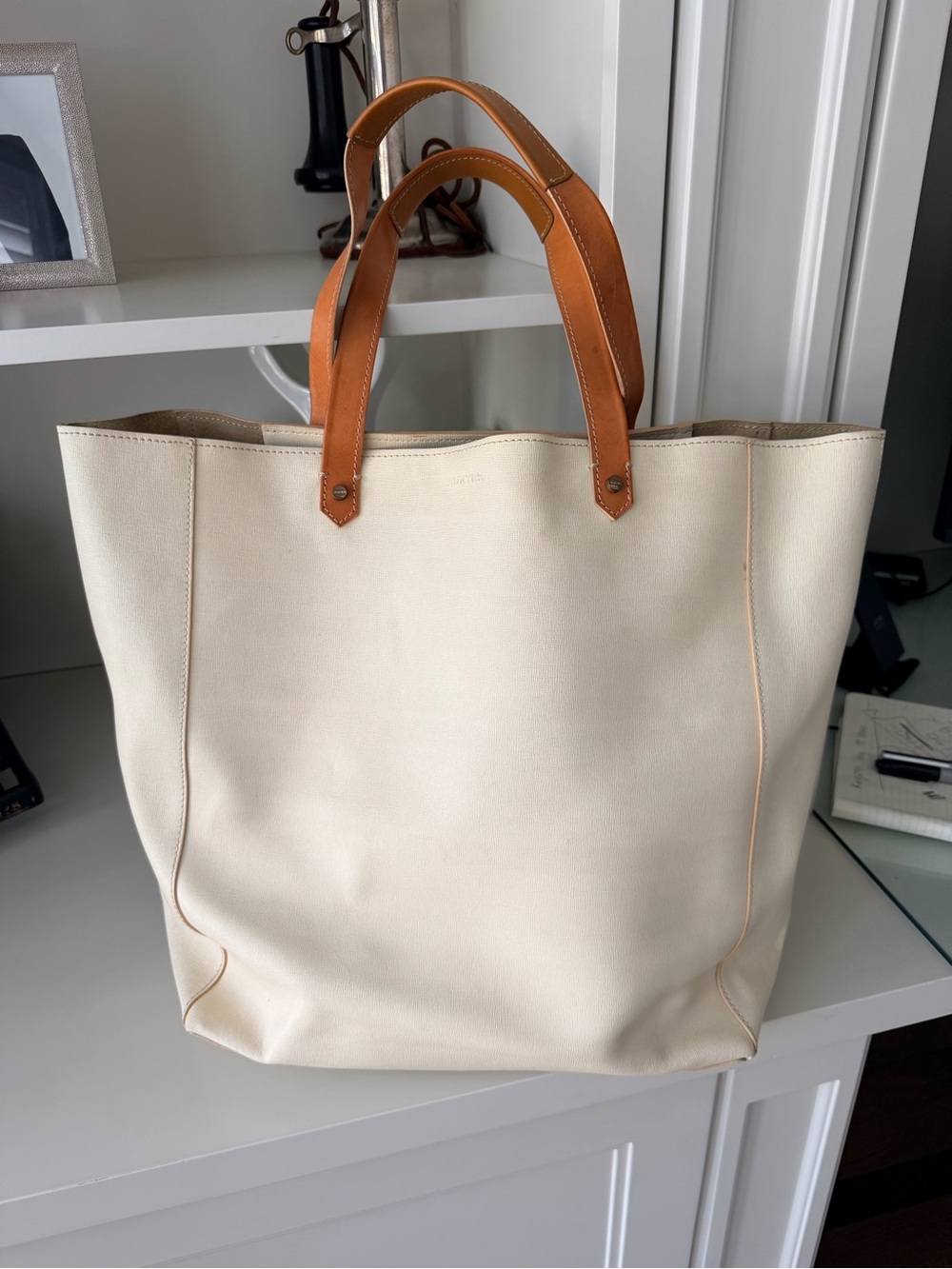 HUNTER Leather Cream Large Every Day Classic Shoulder Bag Tote Purse Made Italy